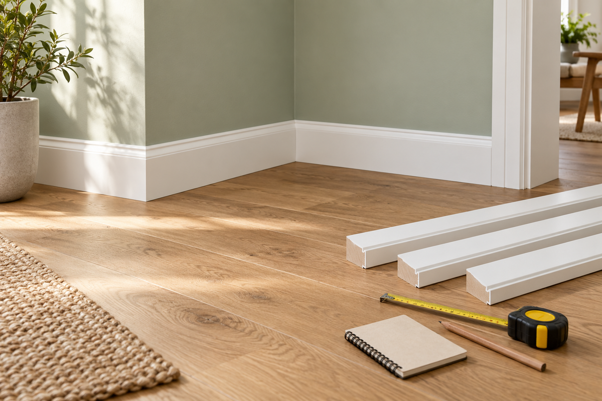 White baseboards along a sage green wall with spare matching boards, a tape measure, pencil and notebook on an oak floor