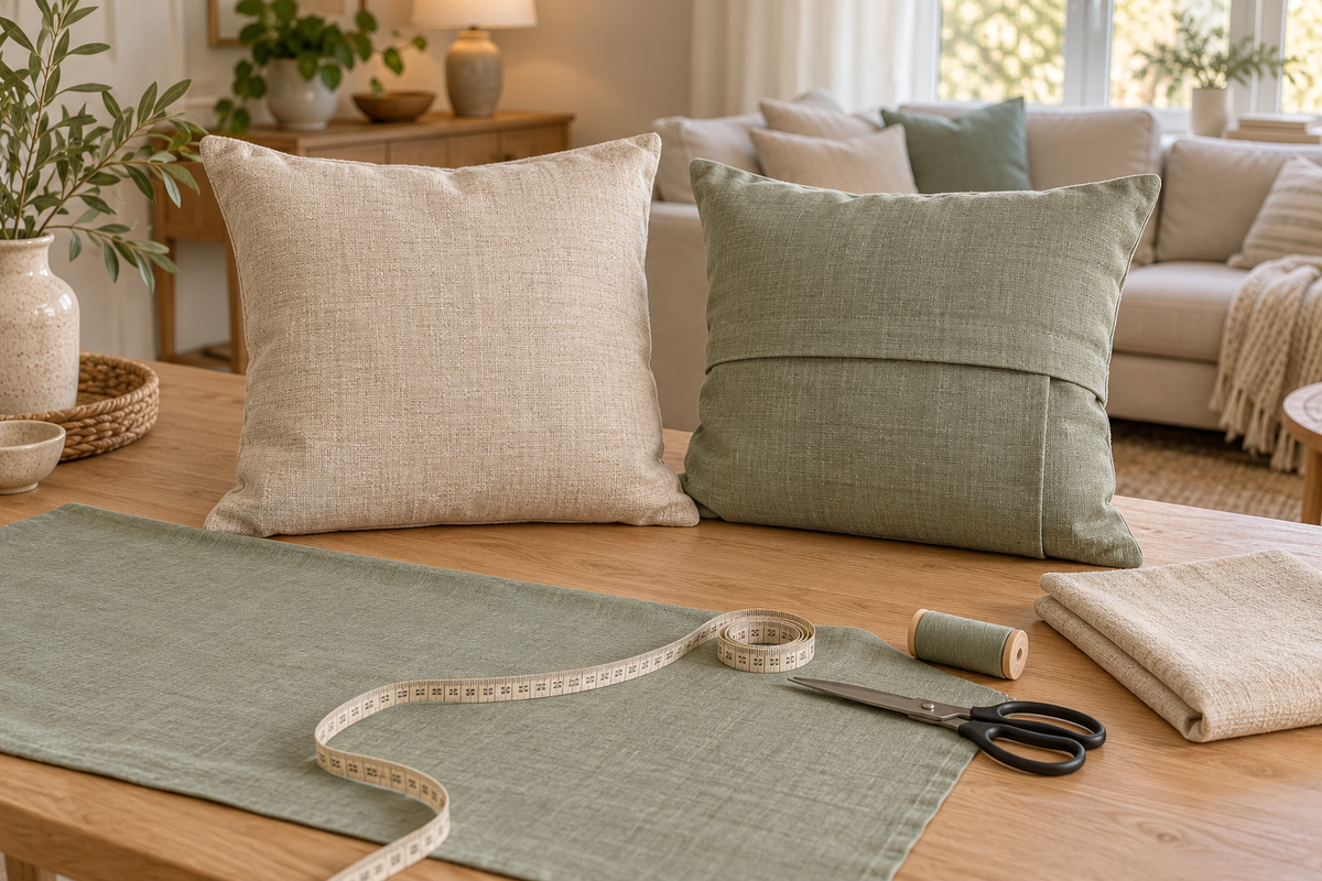 Cushion covers and sage fabric on an oak sewing table with measuring tape, closed scissors and thread, beside a neutral sofa