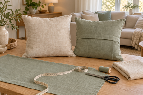Cushion covers and sage fabric on an oak sewing table with measuring tape, closed scissors and thread, beside a neutral sofa