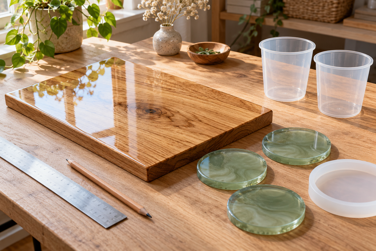 Glossy epoxy-coated oak panel, green resin coasters, silicone mould, ruler and empty mixing cups on a craft table