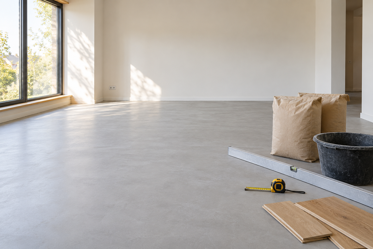 Prepared gray subfloor with plain material bags, a mixing bucket, straightedge, tape measure and oak flooring samples
