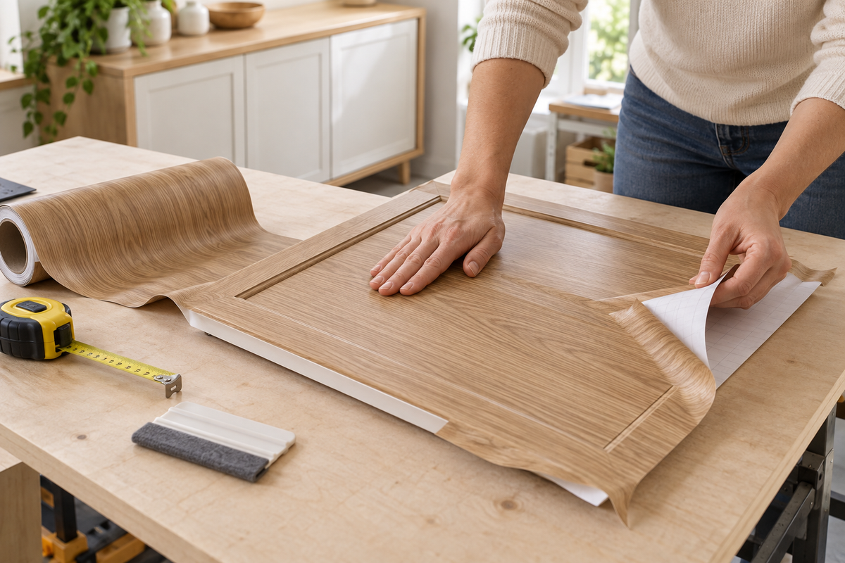 Hands applying woodgrain adhesive film to a cabinet door on a workbench with a film roll, measuring tape and squeegee