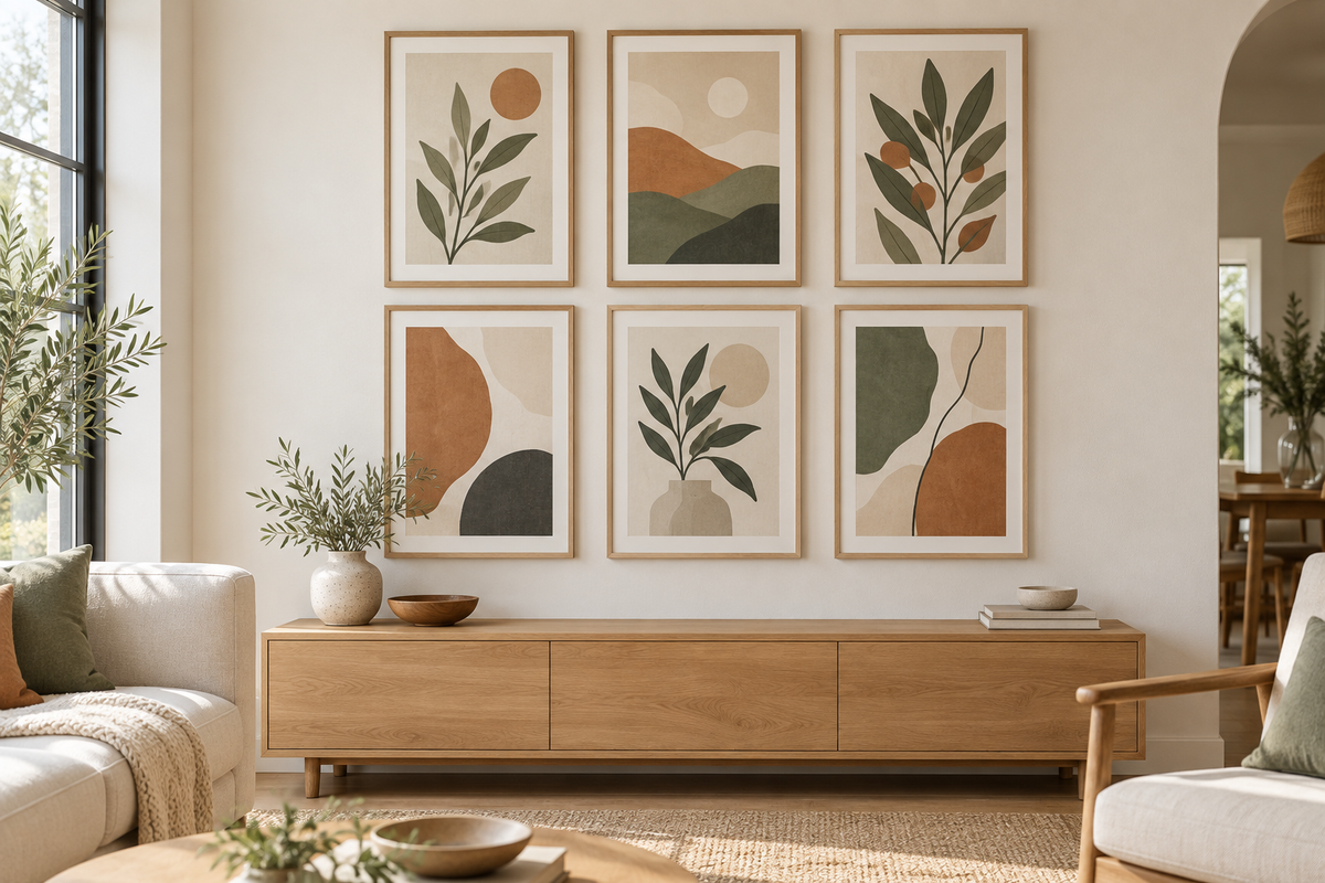 Six oak picture frames in an evenly spaced gallery wall above a wooden console