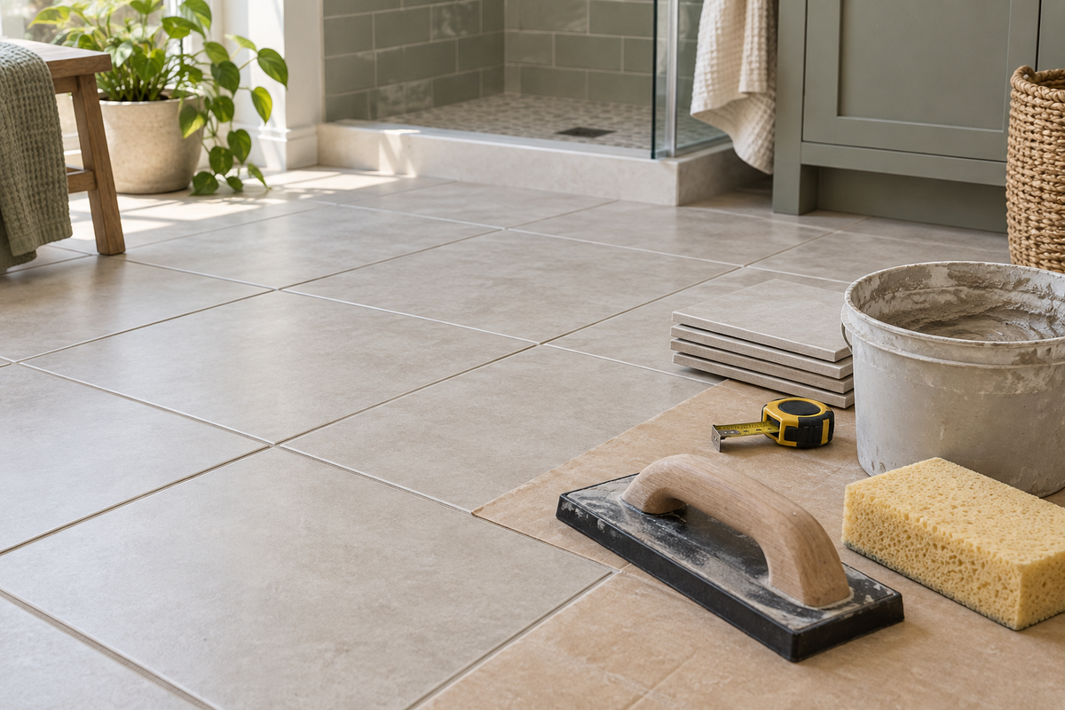 Rectangular bathroom tiles with grout joints, a rubber grout float, sponge and bucket beside spare tiles
