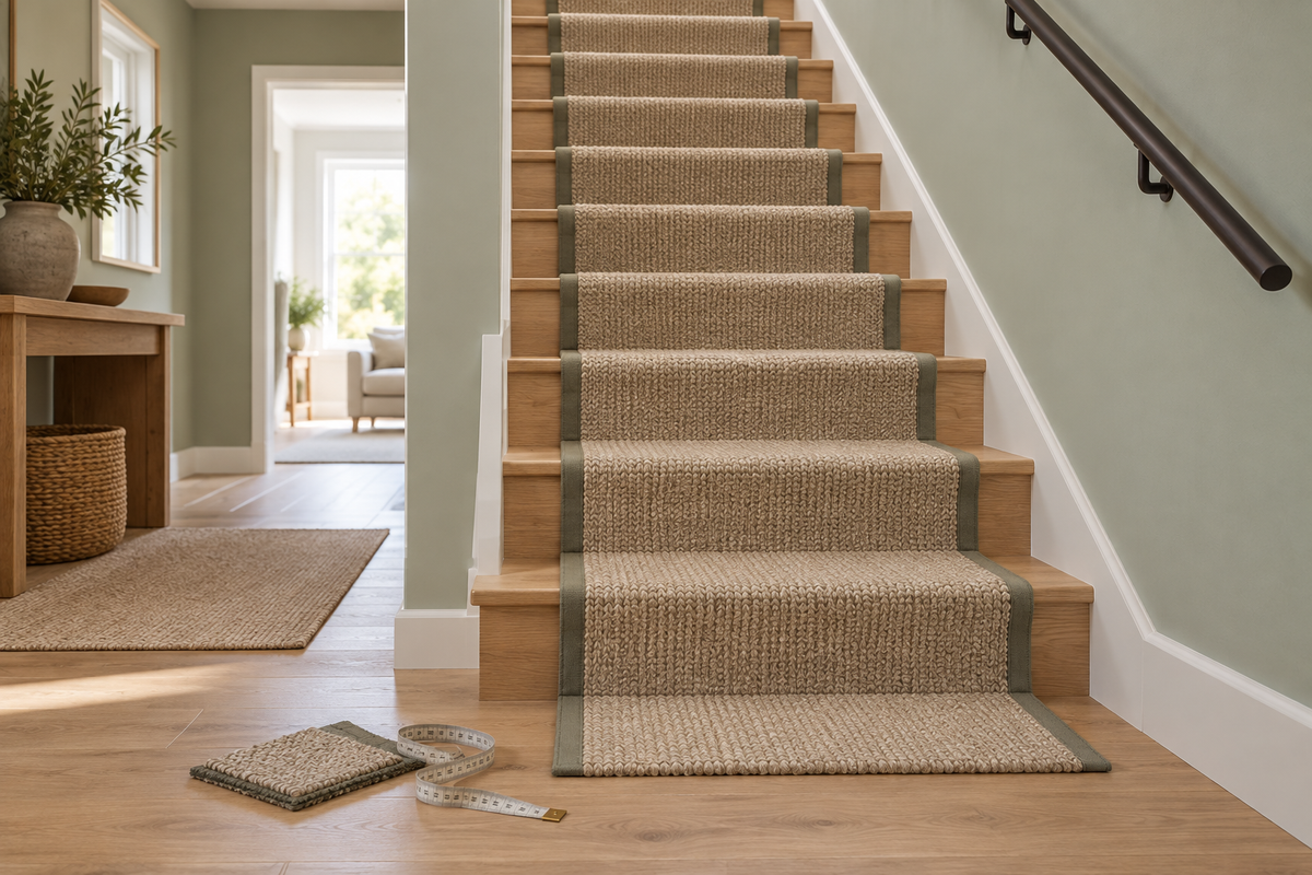 Oatmeal woven stair runner with sage edging on an oak staircase, with a carpet sample and measuring tape beside it