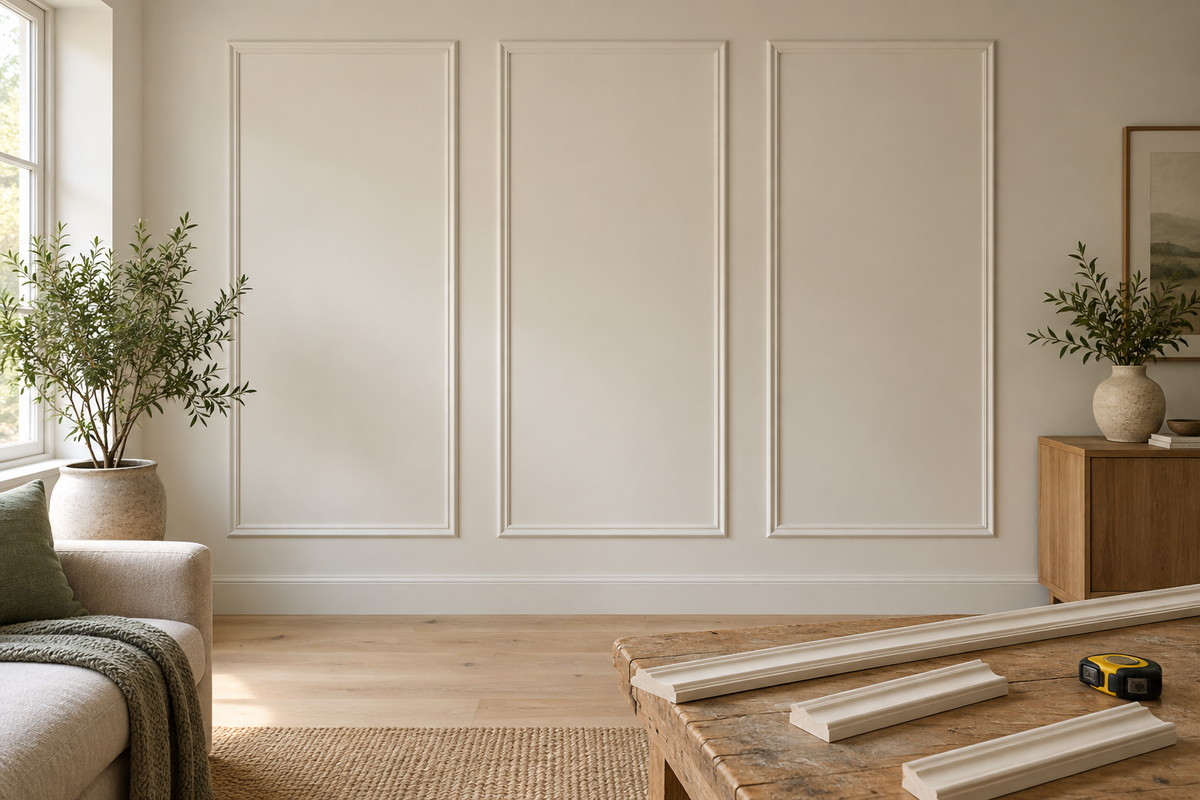 Three rectangular wall moulding frames in a light interior with loose moulding lengths and a tape measure on a workbench