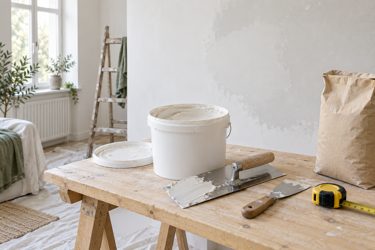 Wall filler bucket, dry compound bag, finishing trowel and measuring tape beside a freshly skimmed interior wall