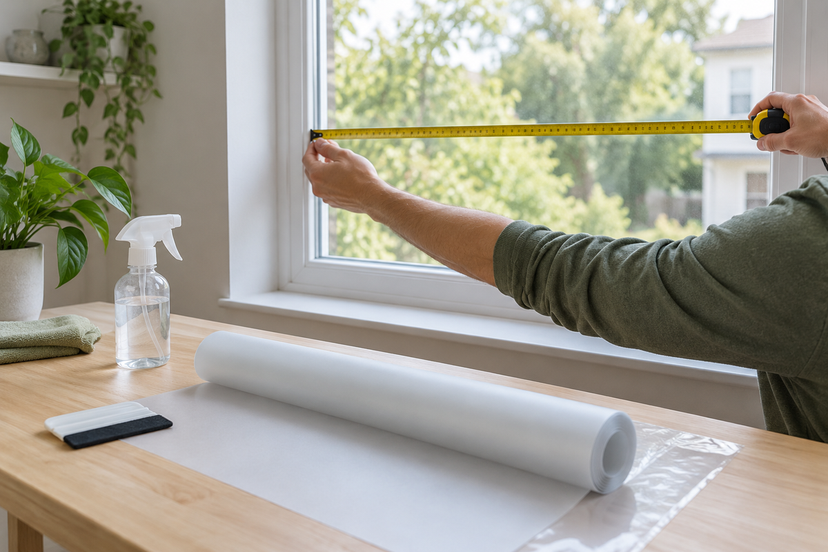 Measuring a window pane beside a roll of frosted window film and application tools