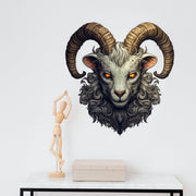 Gothic surrealism Old Goat Head Wall Sticker featuring a detailed, weathered goat head with striking golden eyes.