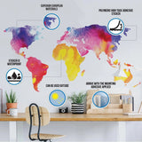 Colorful world map wall decal showcasing features like waterproofing and adhesive quality.
