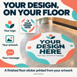 Custom floor decal infographic showing your logo, artwork or message printed as a finished floor sticker