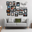Family Memories photo frame wall decal displayed above a sofa in a furnished living room.