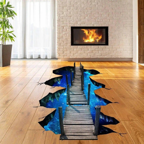 Galaxy bridge floor decal installed in a furnished room, showing the full printed illusion design in use.