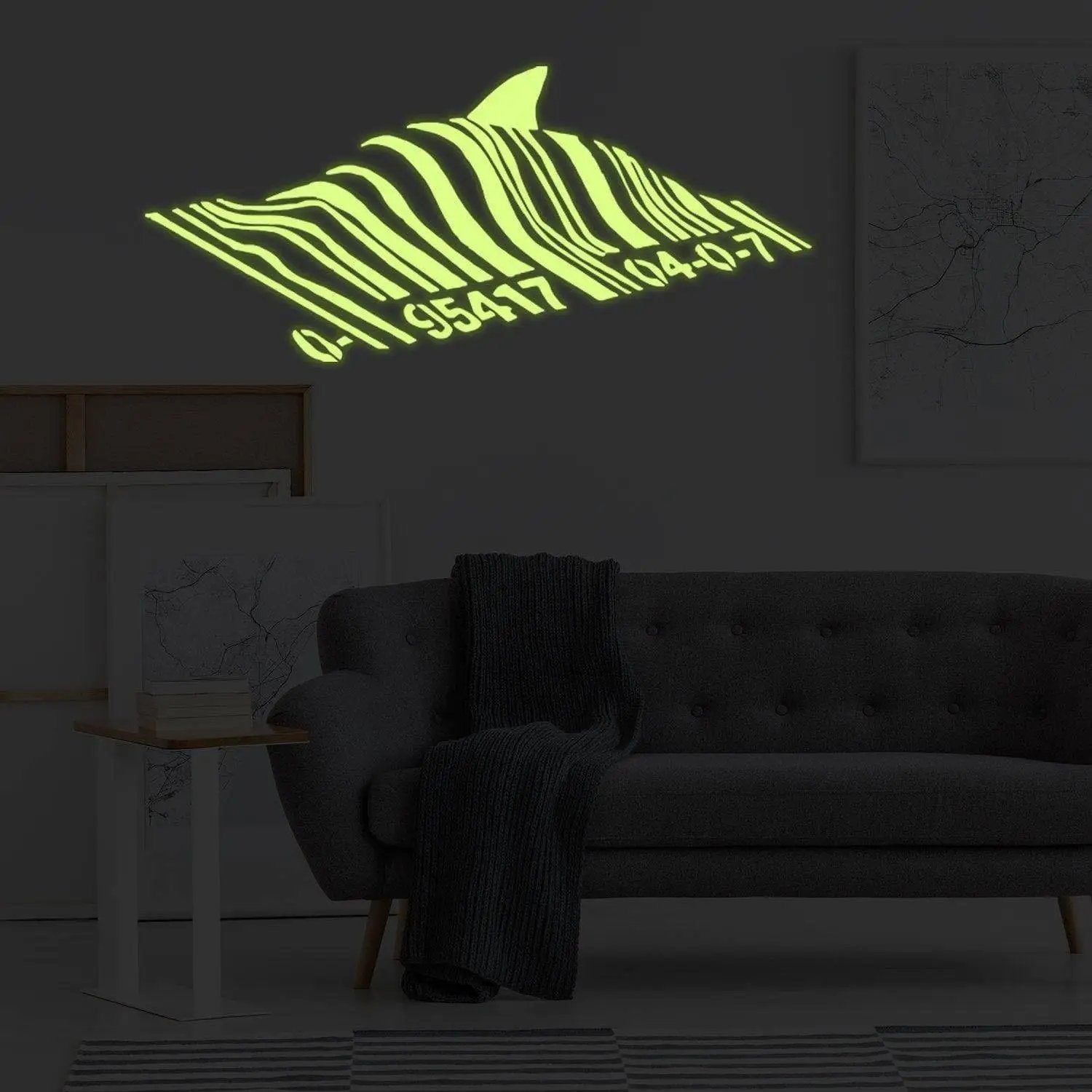 Glow In Dark Banksy Barcode Shark Wall Decal - Thumbnail 3