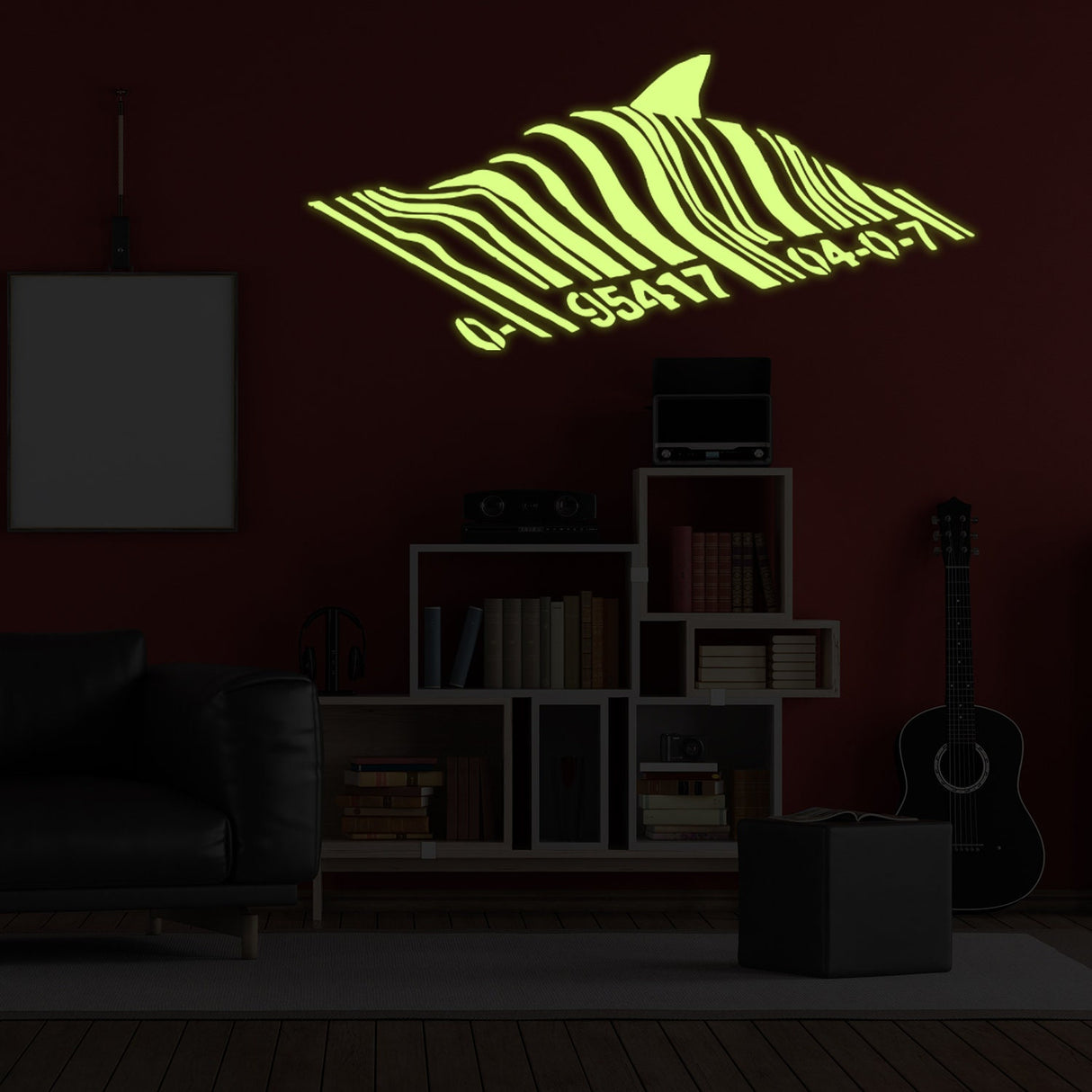 Glow In Dark Banksy Barcode Shark Wall Sticker - Night Glowing Swimming Fish Under Bar Code Vinyl Decal