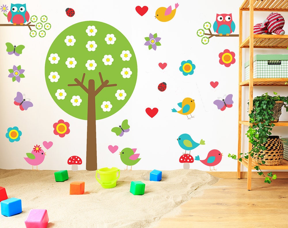 Nursery Tree Vinyl Wall Decal - Large Decor Bird Owl Boy Girl Kid Baby Art Set Sticker