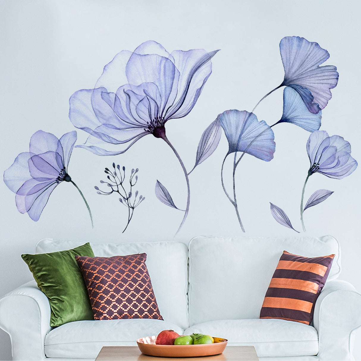 Floral Wall Vinyl Sticker Mural - 3d Blue Flowers Stick Peel Living Room Decor Decal