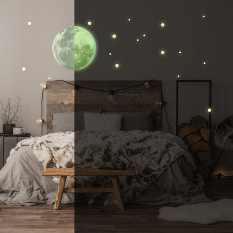 Glow In The Dark Full Moon And Star Wall Sticker - Bedroom Ceiling Decoration Large Glowing Decal