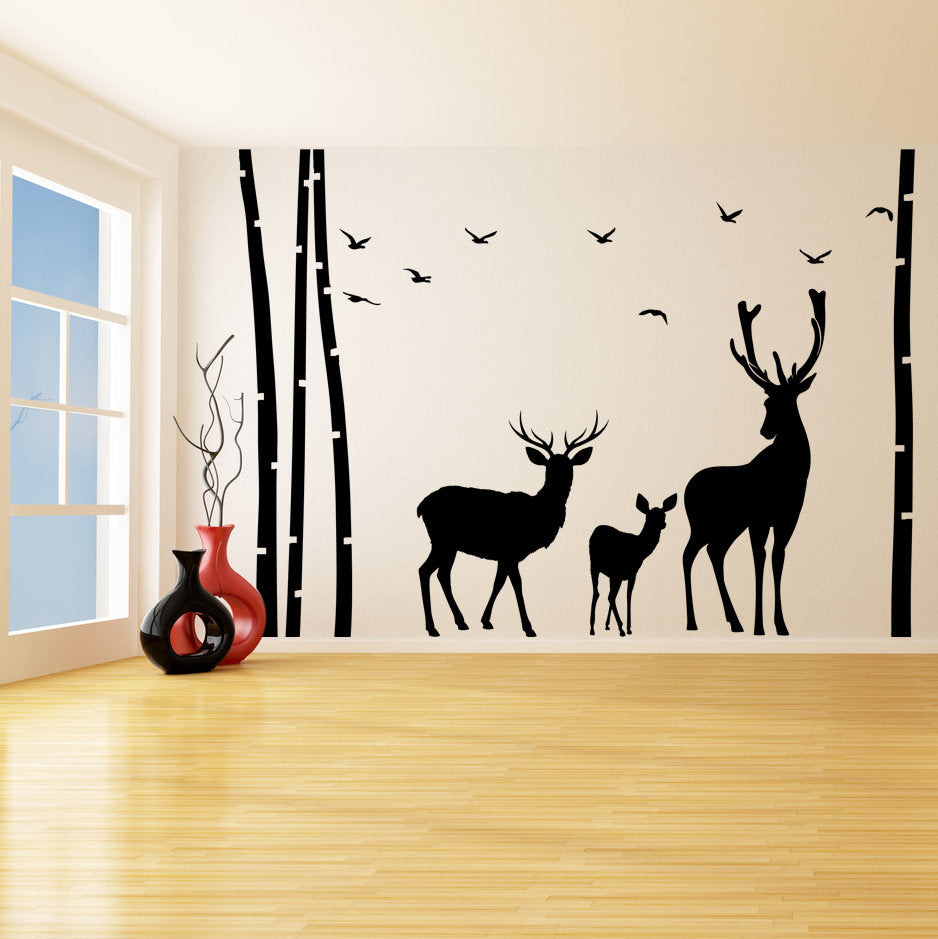 Deer Wildlife Wall Decal - Birch Tree Forest Moose