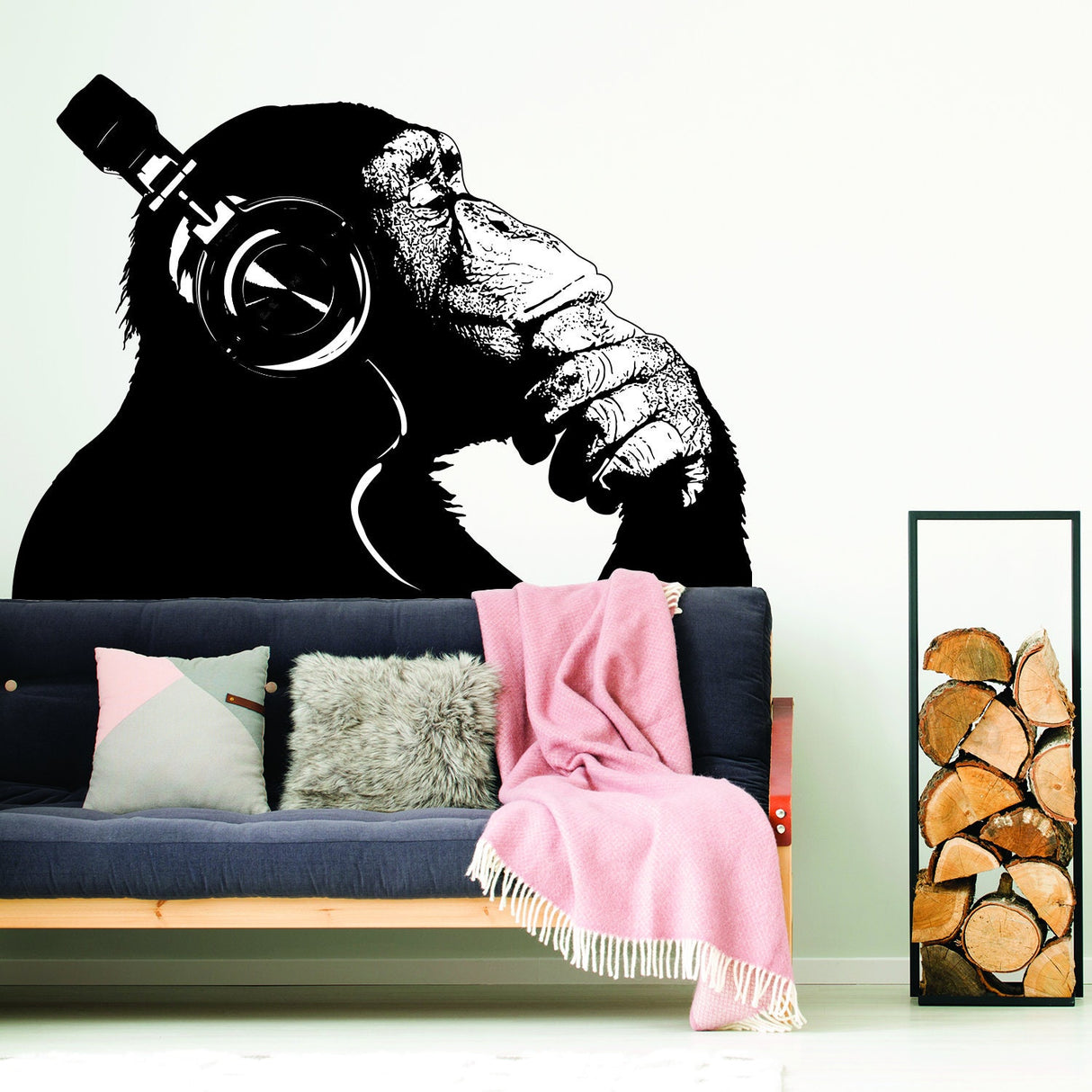 Banksy Monkey With Headphones Wall Sticker - Large Bansky Thinking Dj Chimp Vinyl Decal
