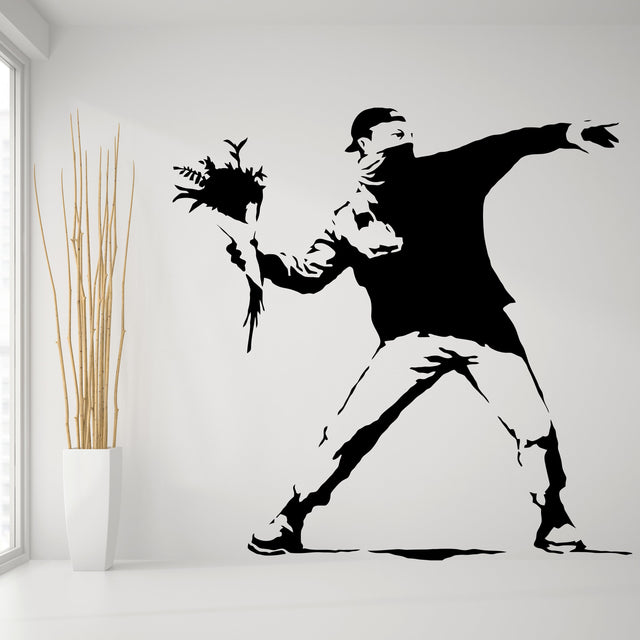 Banksy Flower Thrower Wall Decal - Street Art Graffiti Vinyl Decor Sticker