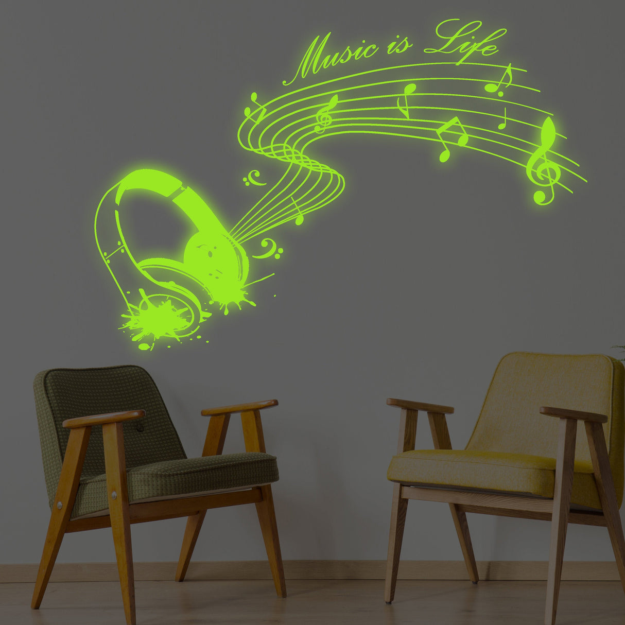 Glow In Dark Music Is Life Wall Sticker - Nigh Light Note Quote Decor Art Vinyl Decal