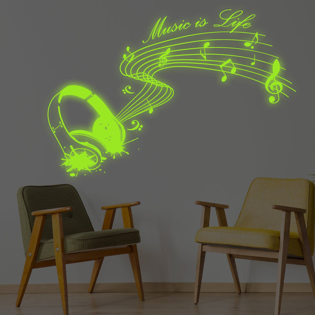 Glow In Dark Music Is Life Wall Sticker - Nigh Light Note Quote Decor Art Vinyl Decal