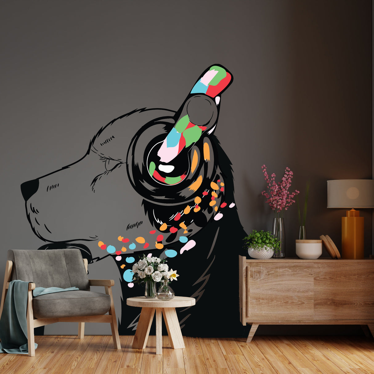 Dog Wall Art Sticker - Thinking Dj Puppy Head Headphones Vinyl Decal