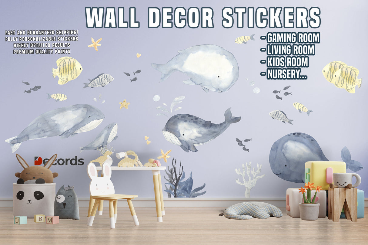 Ocean Whales Wall Sticker For Kids Room Decor - Fish Theme Baby Boy Nursery Decal