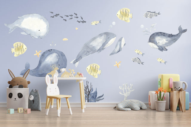 Ocean Whales Wall Sticker For Kids Room Decor - Fish Theme Baby Boy Nursery Decal