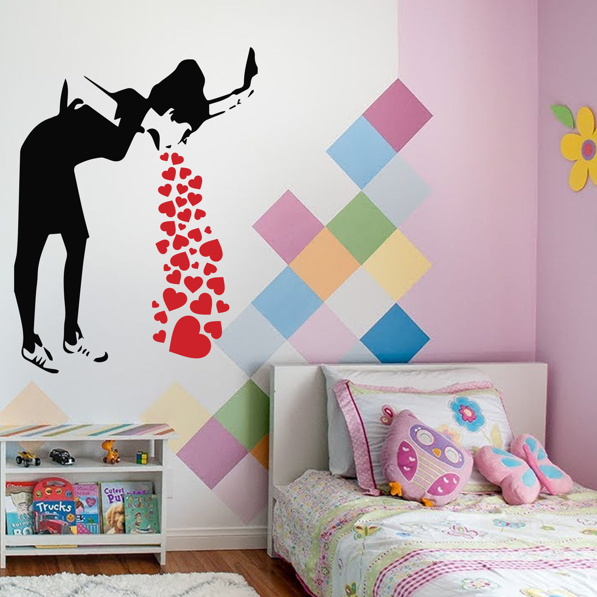 Banksy Love Sick Girl With Hearts Wall Decal - Urban Street Art Graffiti Lovesick Vinyl Sticker