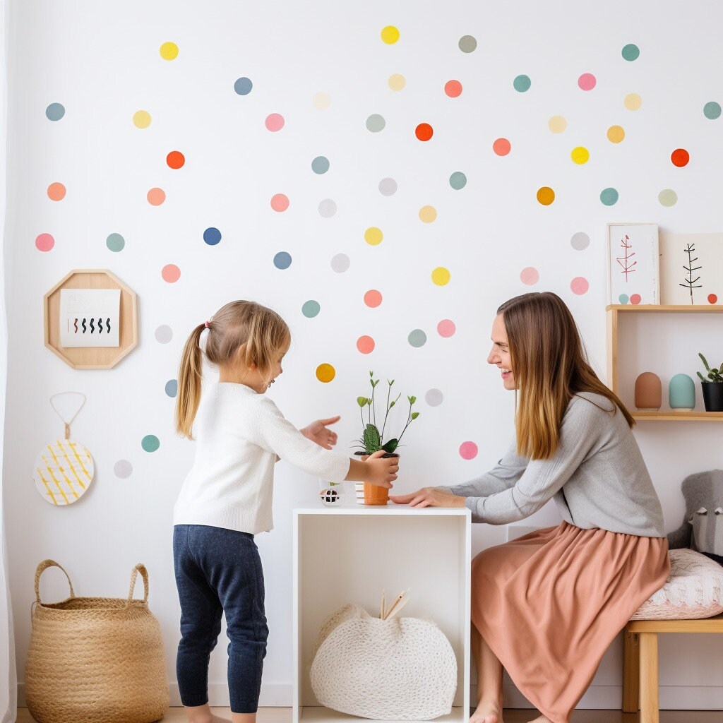 50x Kids Playroom Round Dots Decals - Watercolor Play Sign Stickers