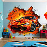 3D Fire Car Wall Sticker - Dynamic Crack Auto in Hole Art Decal - Boys Bedroom Broken Smashed Wall Vehicle Mural Decor - Sports Car Sticker