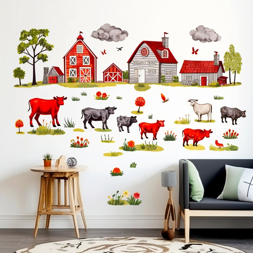 Farm Theme Wall Stickers Watercolor Animals Houses and Fences Decor