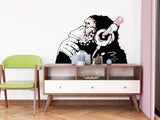Banksy Inspired Thinking Monkey Decal In Pink Color - DJ Chimp Street Art Boho Girls Room Light-Toned Vinyl Sticker