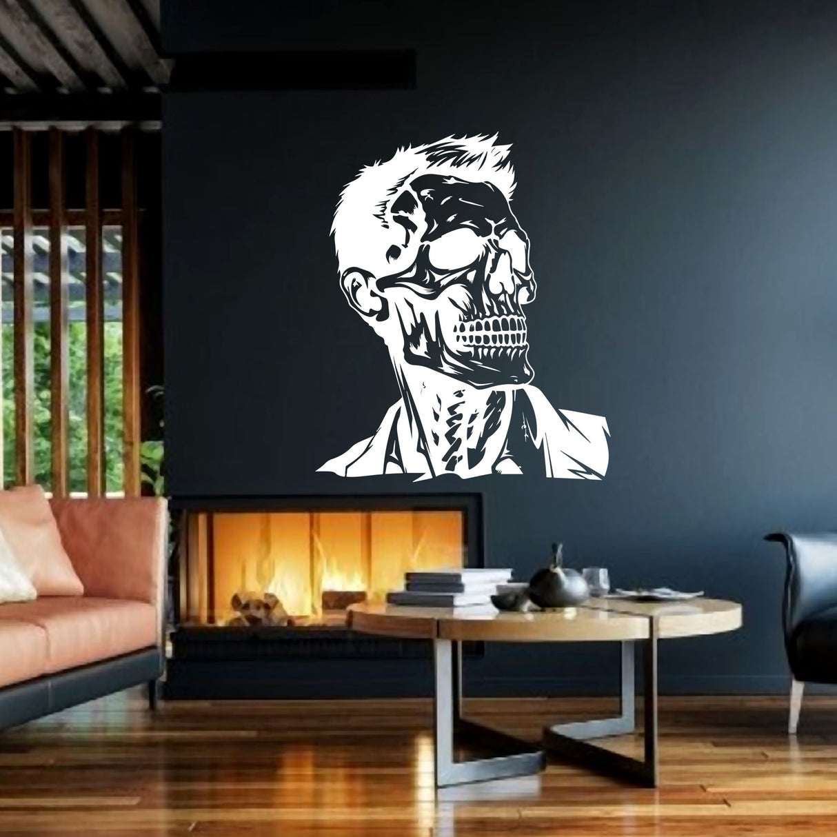 "Unique cranium silhouette with hair mural sticker"