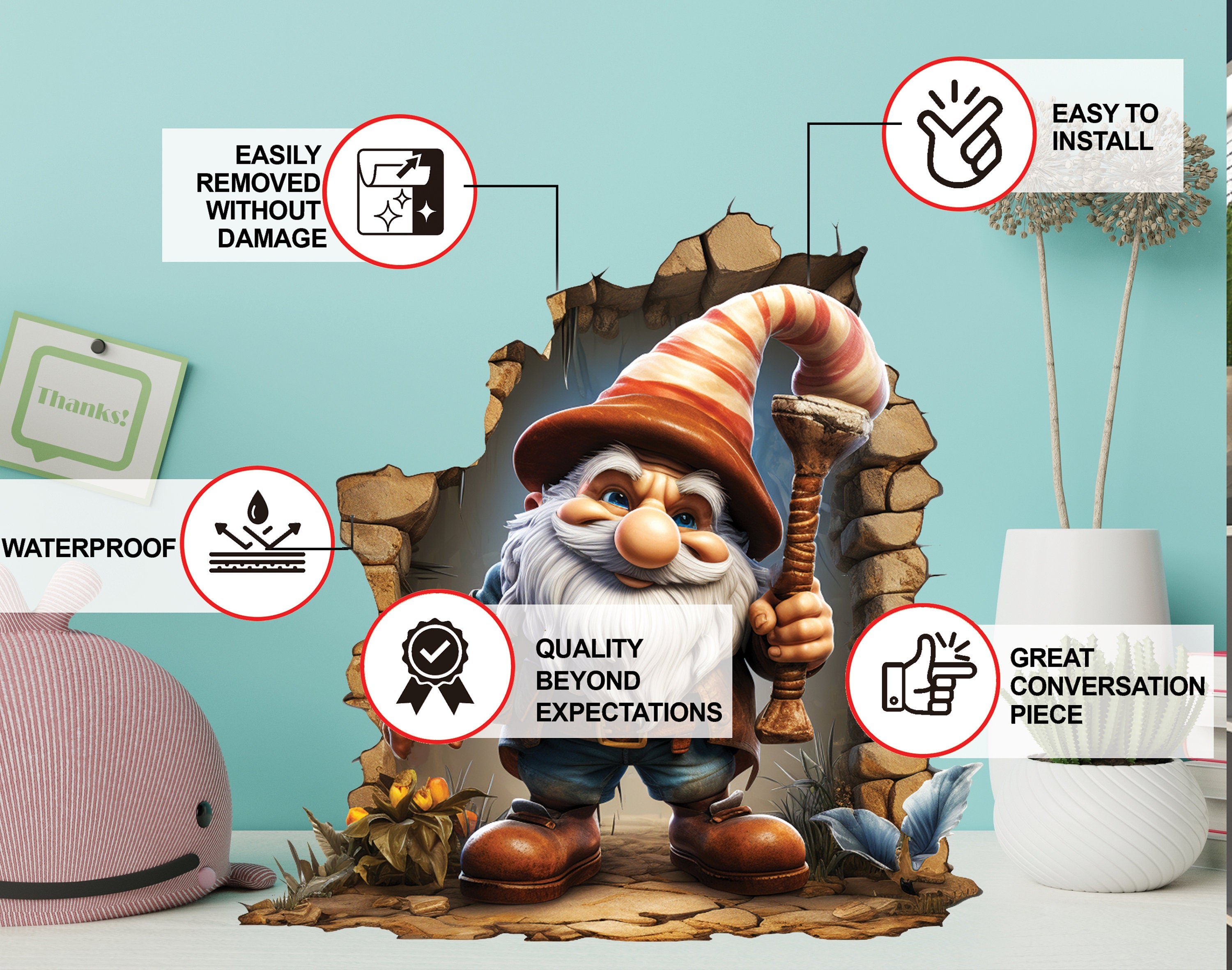 3D Gnome Wall Hole Sticker - Thumbnail 5