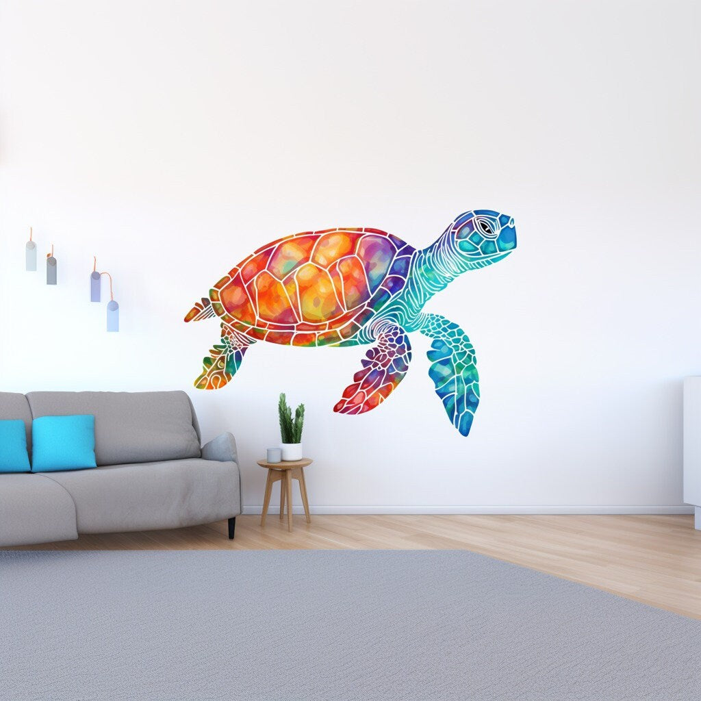 Vibrant Rainbow Sea Turtle Wall Decal - Ocean Life Removable Tortoises Sticker