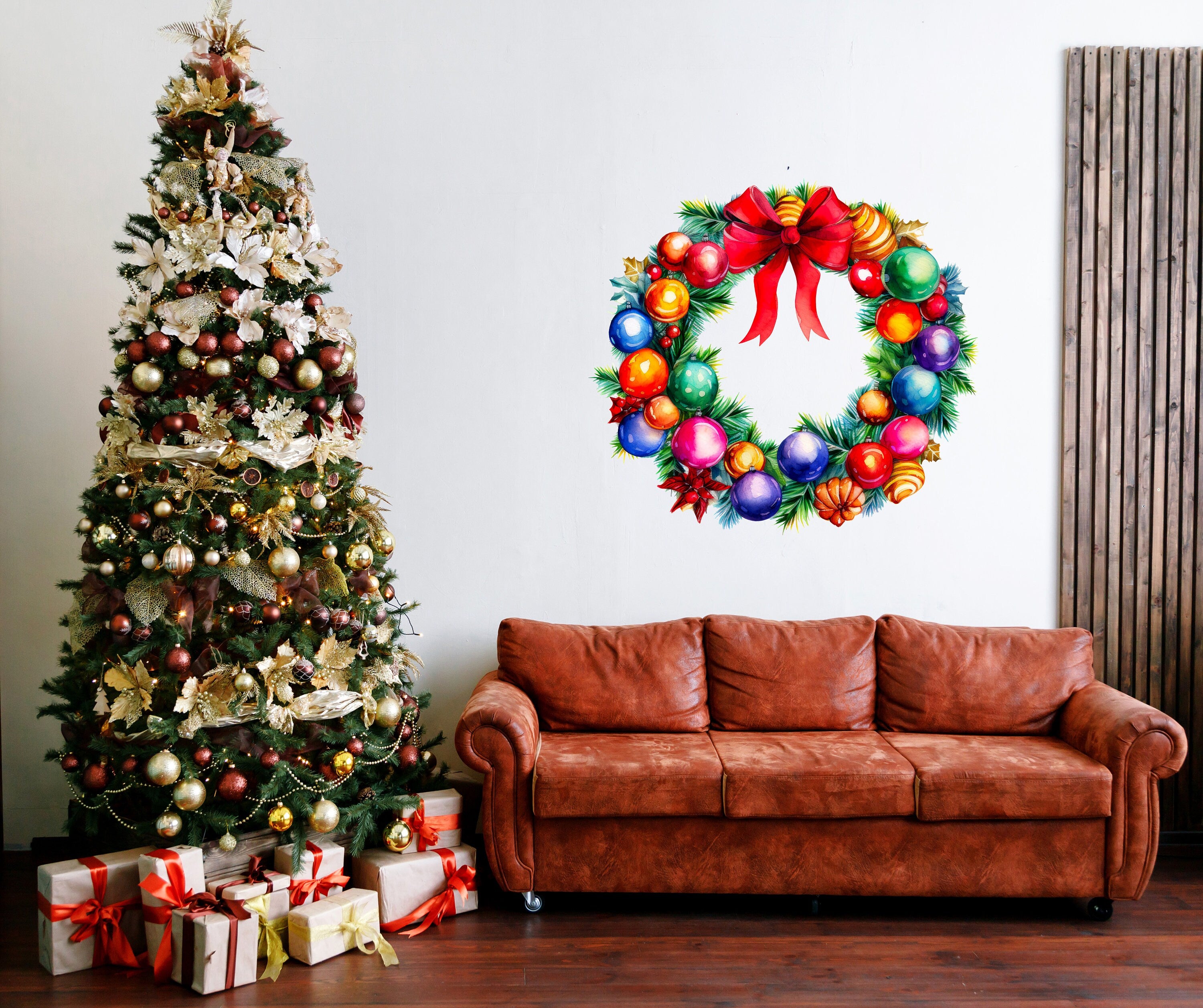 Enchanting Watercolor Christmas Wreath Wall Decal - Thumbnail 4