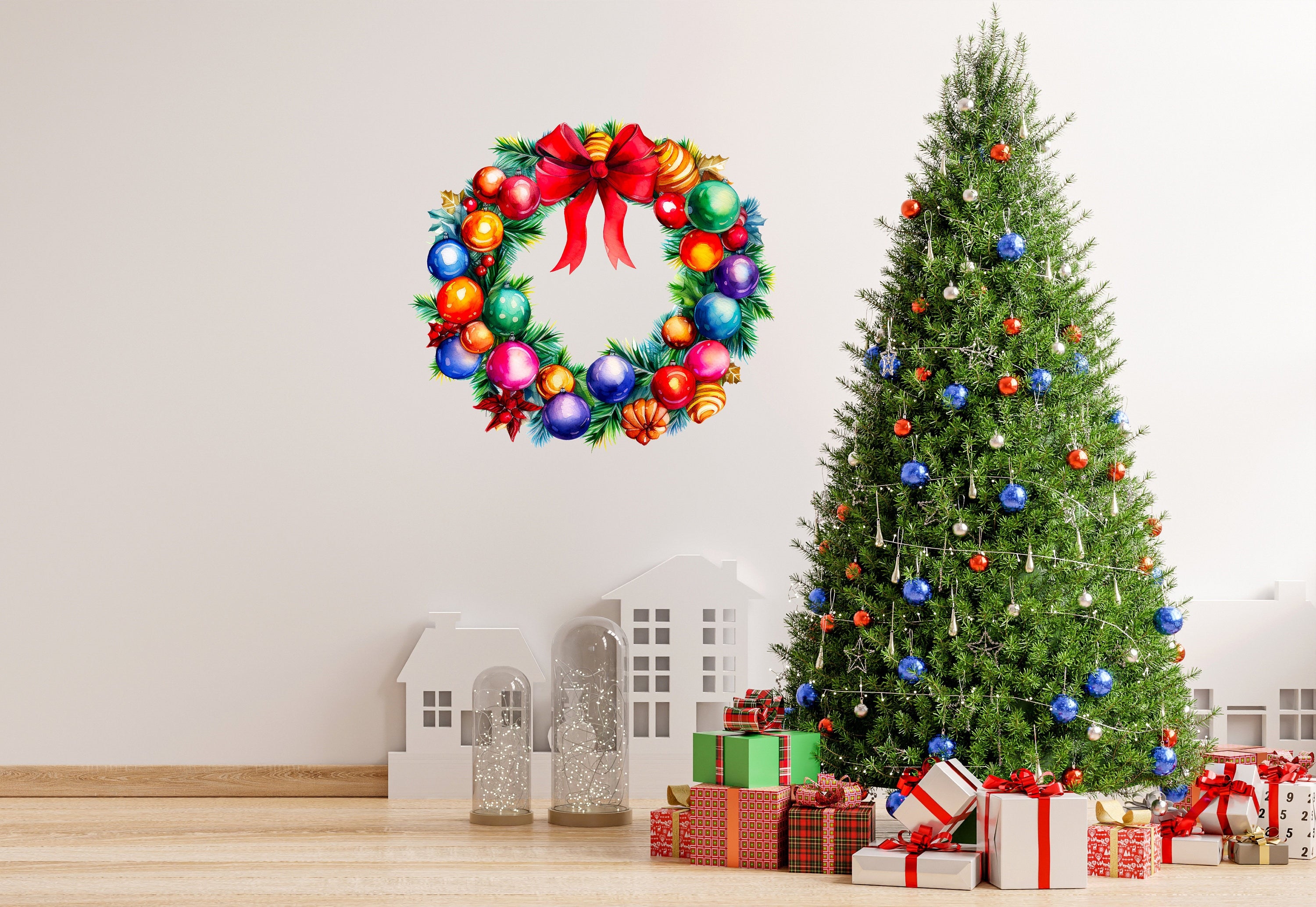 Enchanting Watercolor Christmas Wreath Wall Decal - Thumbnail 2