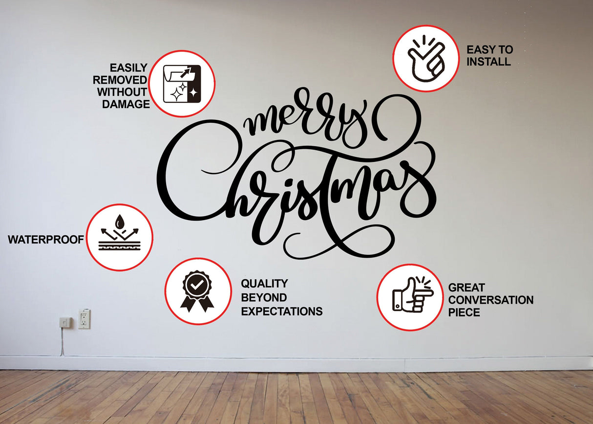 Merry Christmas cursive wall decal displayed in a clean furnished seasonal interior.