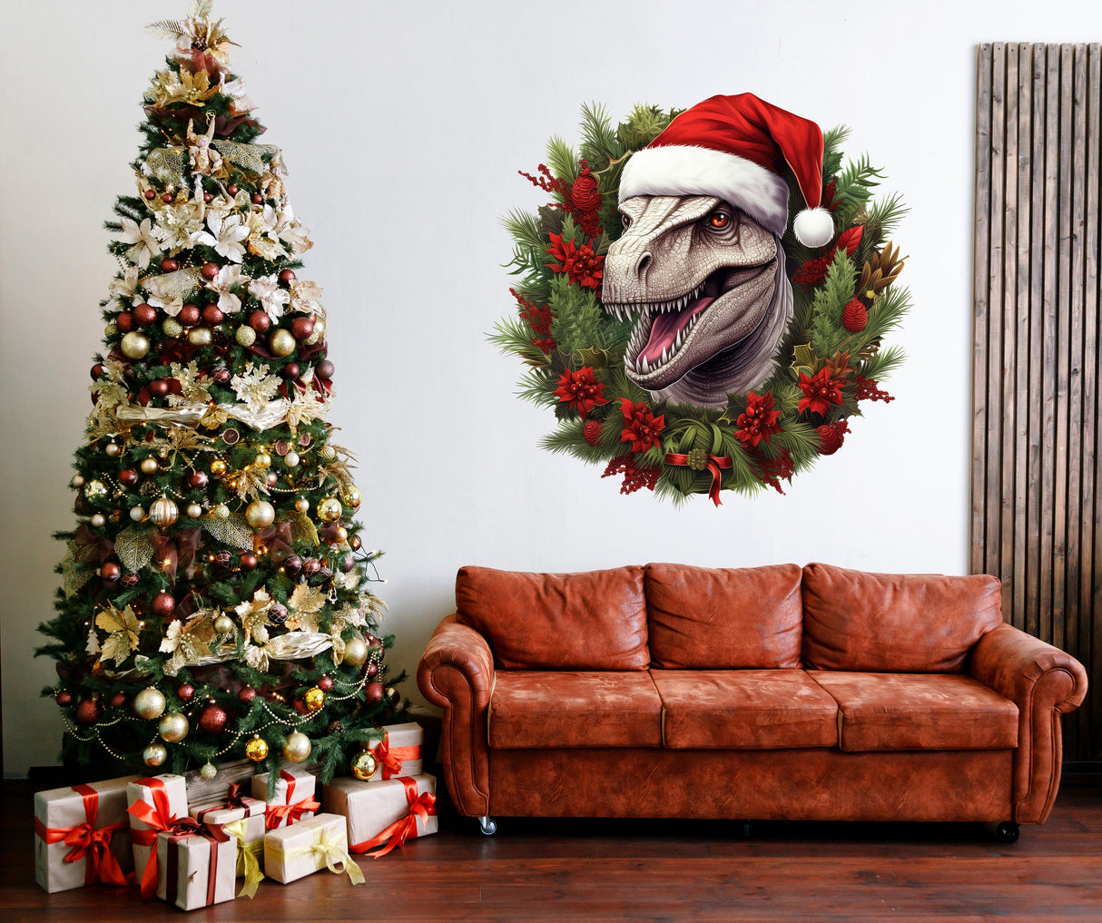 Festive Wall Art Mural of Dinosaur Christmas