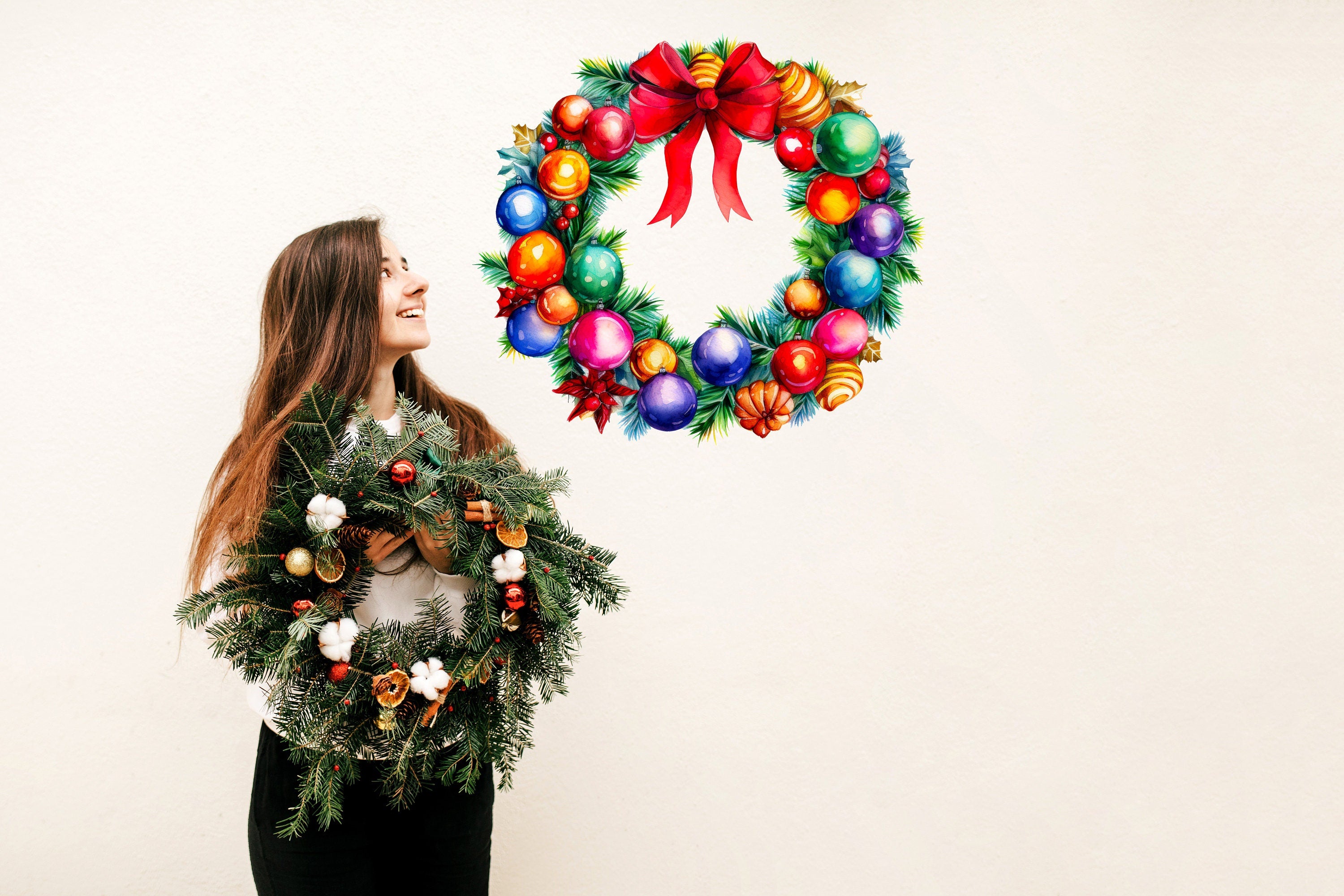 Enchanting Watercolor Christmas Wreath Wall Decal - Thumbnail 5