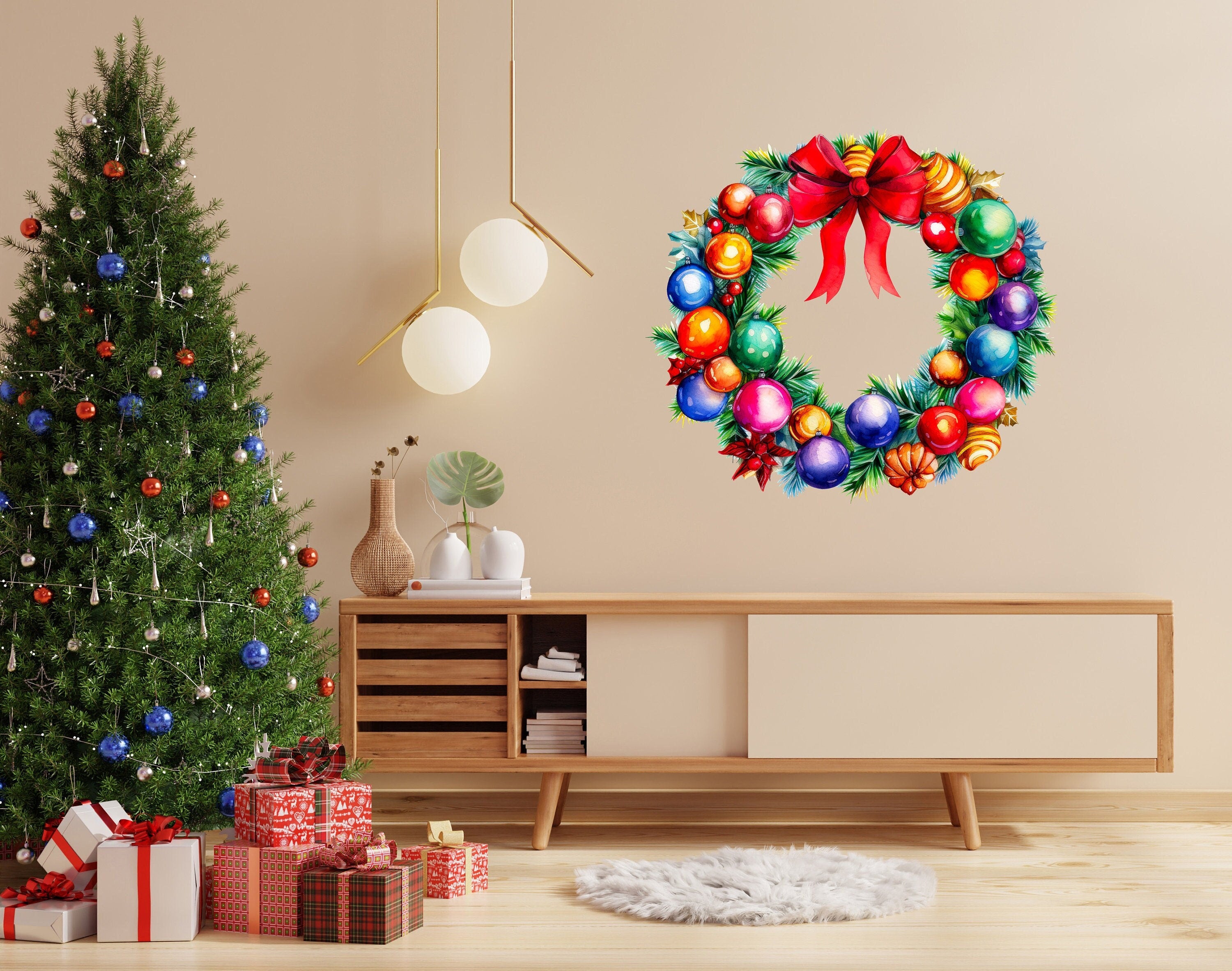 Enchanting Watercolor Christmas Wreath Wall Decal - Thumbnail 3