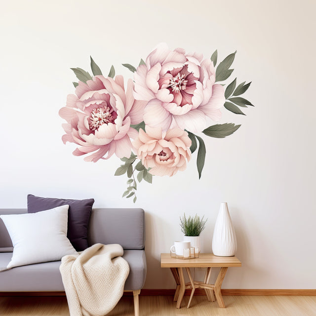 Elegant Peony Flowers Wall Decal - Watercolor Floral Peel and Stick Design