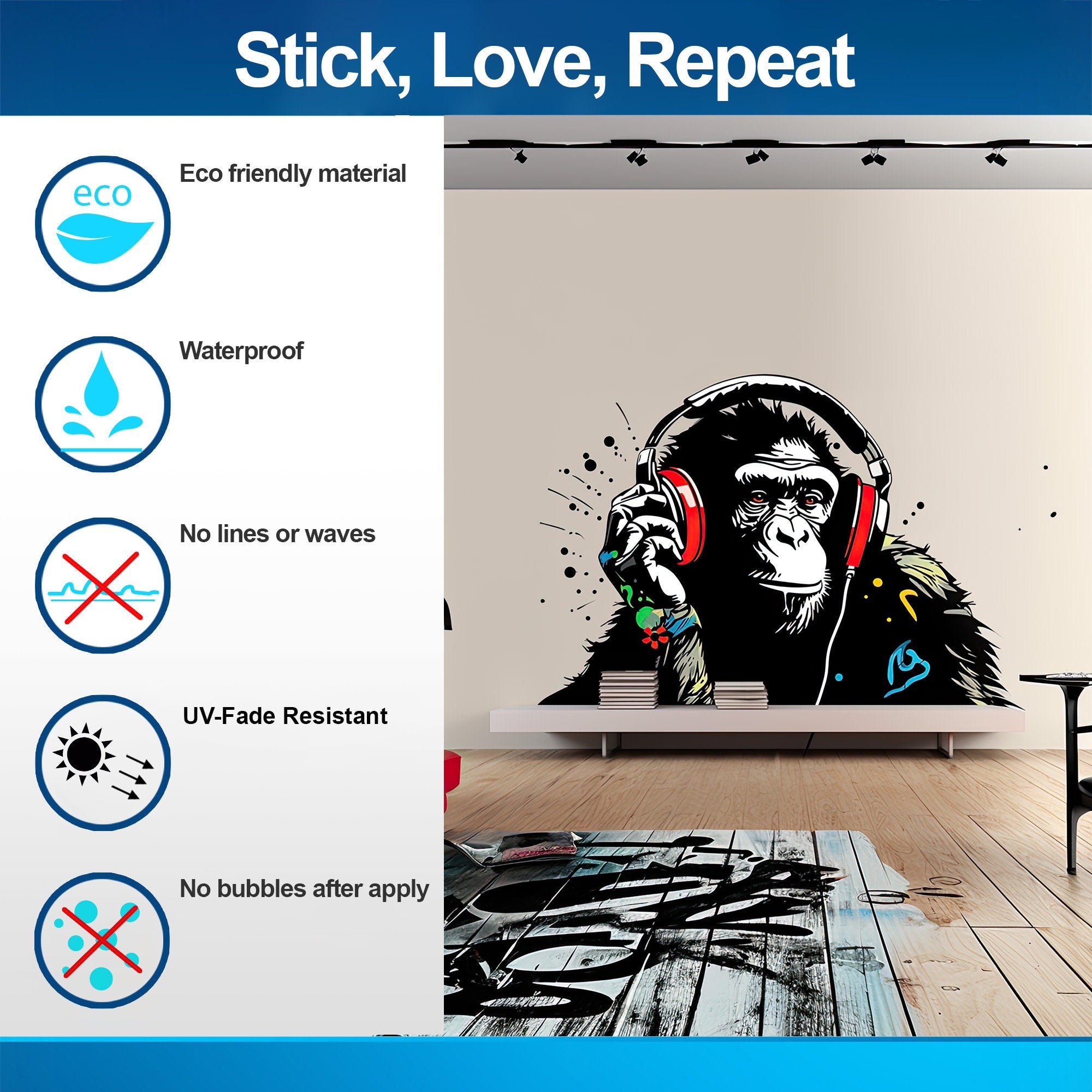 Headphone Chimp Wall Art Sticker - Thumbnail 4