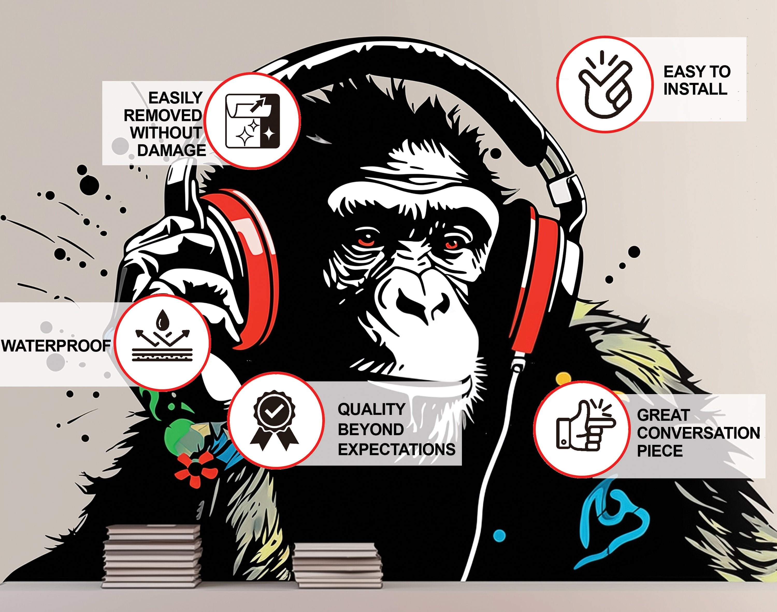 Headphone Chimp Wall Art Sticker - Thumbnail 5