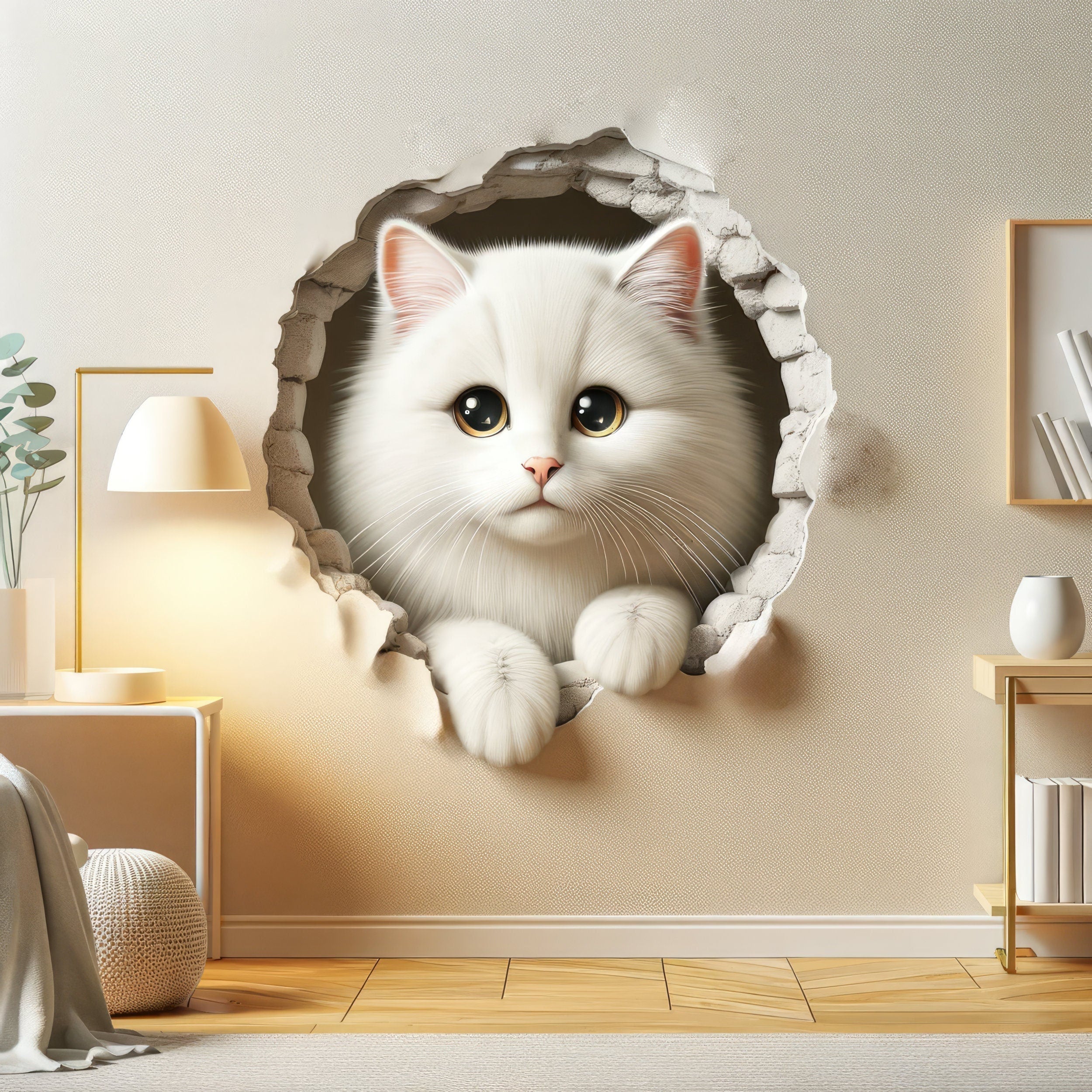 3D Cute White Cat Wall Sticker - Thumbnail 2