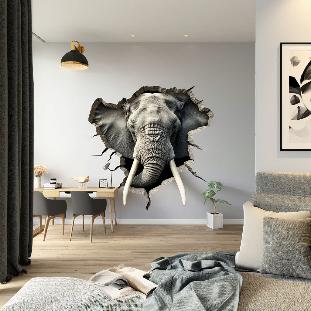 3D Elephant Head Wall Sticker - Realistic Broken Illusion Effect Vinyl Decal - Thumbnail 2