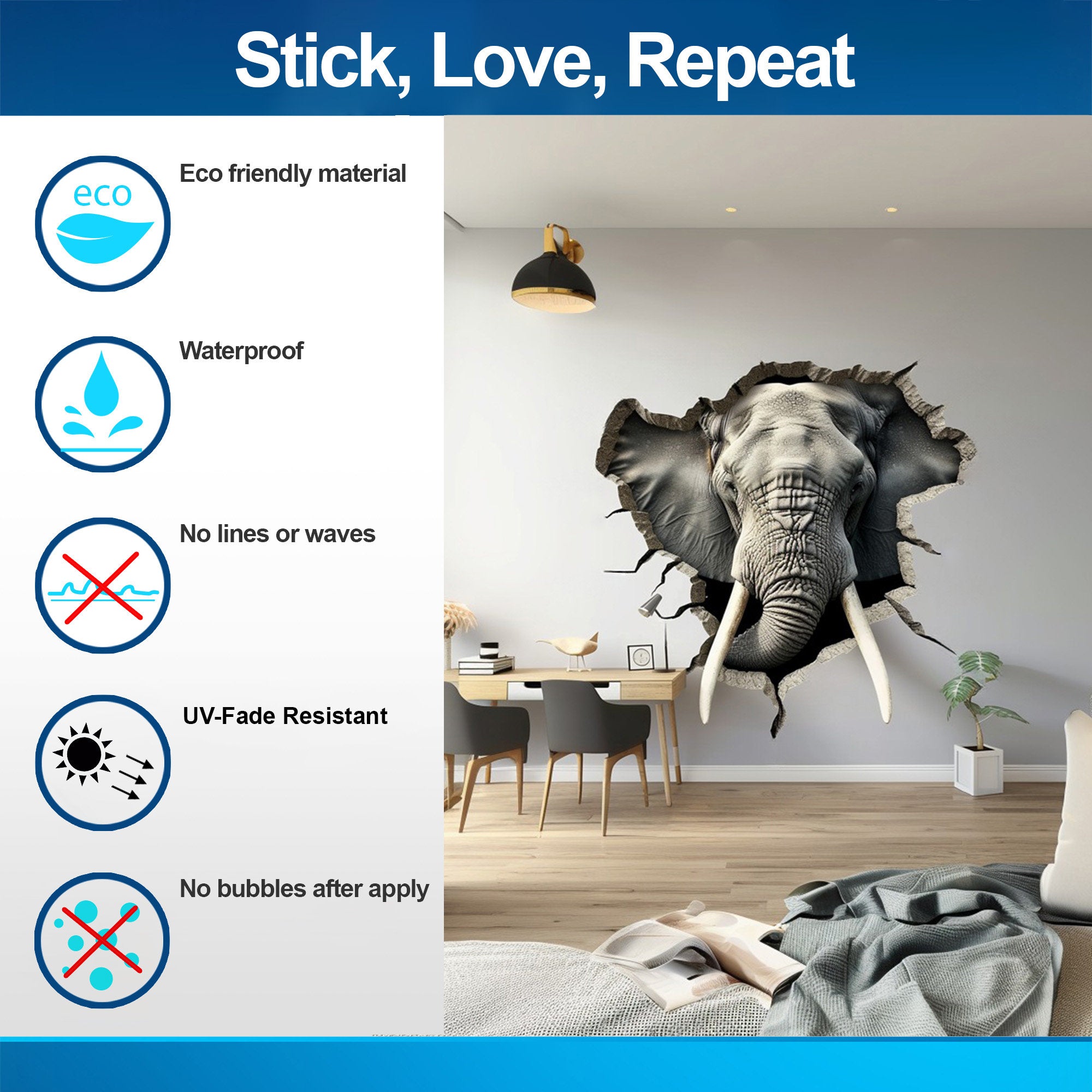 3D Elephant Head Wall Sticker - Realistic Broken Illusion Effect Vinyl Decal - Thumbnail 4